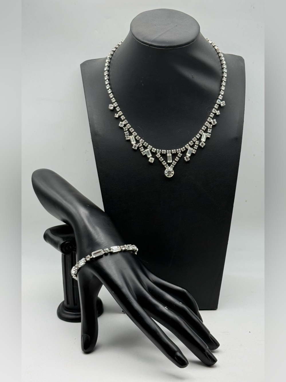 Signed Weiss Vintage Rhinestone Bridal Formal Necklace & Bracelet Set